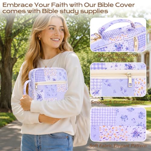 XKDOUS Bible Cover Case for Women Bible Bag Journaling Kit w/Study Supplies - color: Purple Patchwork, size: Large