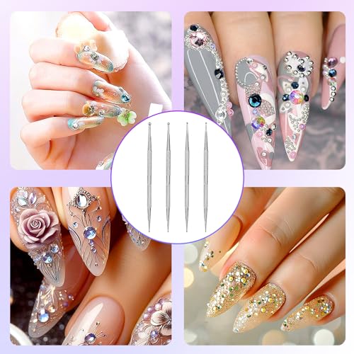 Jeffdad Nail Dotting Tool, 4 Pcs Professional Double-ended Nail Art Tools with Box, Dot Pen Metal Dot pen Nail Polish Paint Pen Dot Diamond Pattern Stainless Steel Dotting Tools Nail art(silver) - color: silver