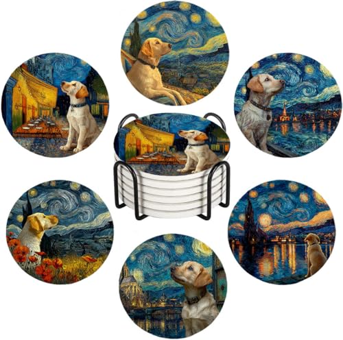 Nikyi 6 Pcs Cute Labrador Retriever Dog Ceramic Absorbent Coasters, Round Drink Coaster with Metal Holder and Cork Base, for Coffee Table Kitchen Bedroom Living Office Desk Home Decor or Gifts - color: Cute Labrador Retriever Dog