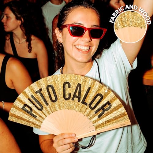 Fisura – Original Folding Fan with “p*to calor” Message. Modern and Colorful Wooden Folding Fan. Gold Glitter Folding Fan. Includes Strap. Fun Gift idea. 16.7 x 9 in. - color: Calor, Gold