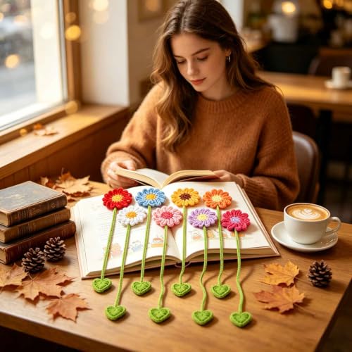8 Pack Crochet Flower Bookmarks Daisy Sunflower Book Marks for Reading Gift - color: Colorful Flower