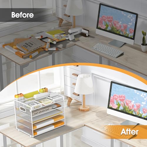 5 Tier Paper Letter Tray Desk Organizer with Pen Holders - White - color: 5 Tier-White, size: 12.5" x 9.1" x 10.3"