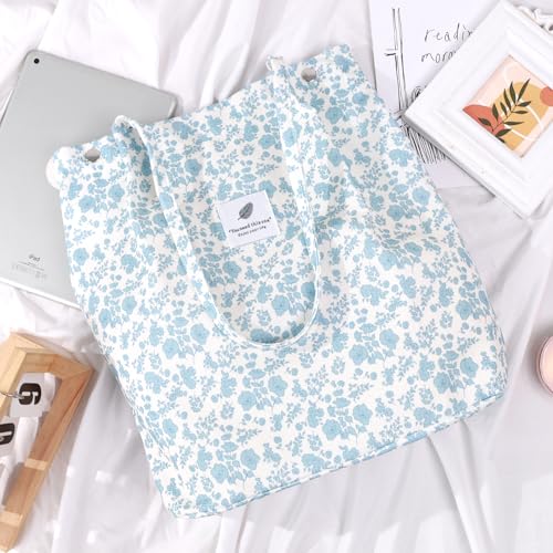 Ayieyill Corduroy Tote Bag for Women Canvas Shoulder Cord Purse with Inner Pocket - color: Blue/Flower