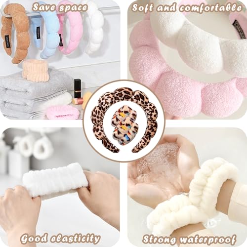 Spa Headbands for Washing Face Wristband Set Sponge Makeup Skincare Headband Wrist Towels Bubble Soft Terry Towel Cloth Hairband for Women Puffy Headwear Non Slip Thick Thin Hair Headwear (Leopard) - color: Leopard