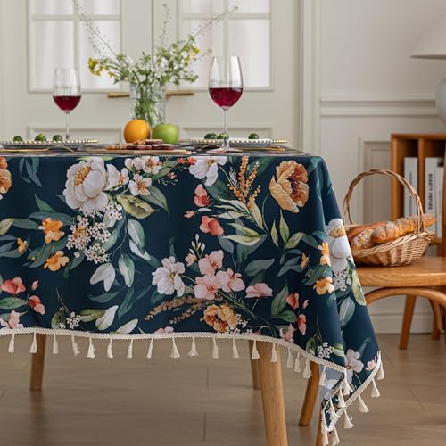 Handblock Print Tablecloth for Square Tables, Navy Blue Table Cover with Fringed Edges, Decorative Tablecloth for Kitchen and Dining Room,59"x 59" - color: Navy Blue, size: 59" x 59" (Rectangular)