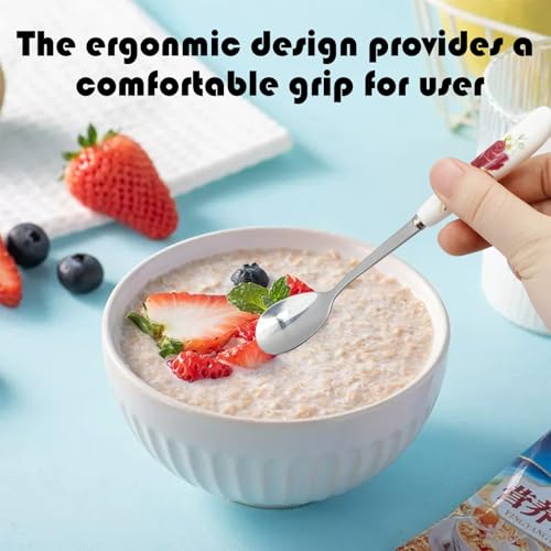 14Pcs Stainless Steel Spoons and Forks, IEMIEBSHA Floral Coffee Dessert Ice Cream Spoons with Ceramics Handle, Small Tableware Set Kitchen Set for Tea Party Coffee Bar Home Supplies