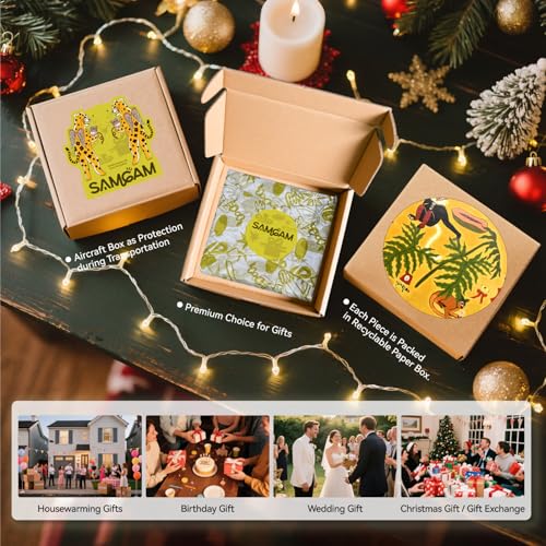 SAMCAM Bar Coasters Set of 6, 4inch Absorbent Drink Coasters with Ceramic Surface and Cork Base, Monkey Theme Art Coaster Set for Bar Cafe Kitchen Decor, Gift for Men, Art Lovers and Housewarming