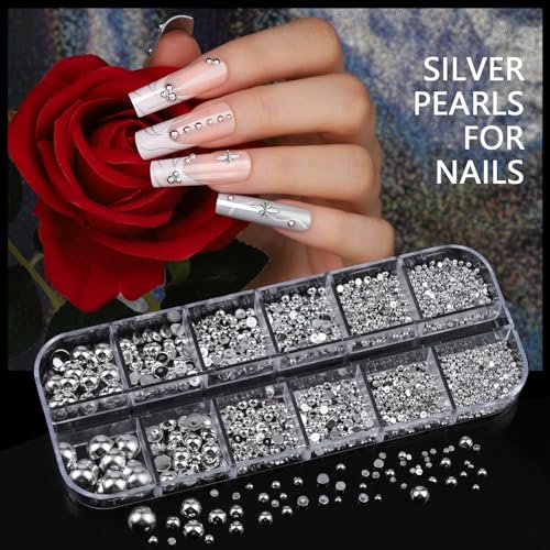 Teentior Nail Charms and Gems Silver Rhinestones for Nails with 15 Sheets Nail Stickers, 6 Boxes Nail Gems Y2K Accessories Pearls for Nails, Cross Nail Charms for Nails Design Caviar Beads for Nails - color: Silver