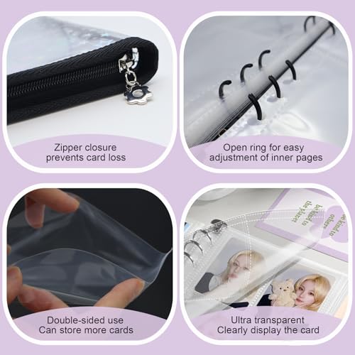 A5 Kpop Photocard Binder Holder with 50 Sheets Double Sided Sleeves for Polaroid Instax Mini Photo Album Zip Book Game Trading Sports Baseball Card Binder 6 Ring 4 Pocket Collector (Black) - color: Black