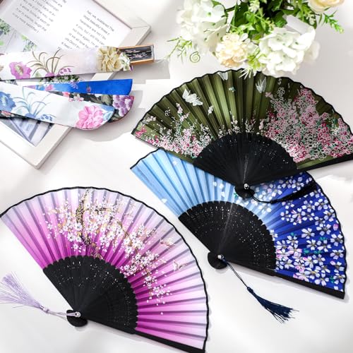Zonon 4 Pack Hand Held Folding Fans for Women Silk,Elegant - style: Elegant