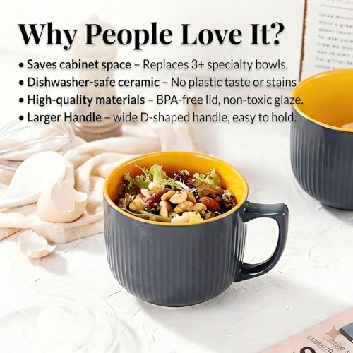 Ceramic Soup Bowl with Handle & Lid, 32oz Microwave Ramen Bowl Set of 2 - color: Gray/Yellow 2 pcs-32, size: 32 OZ