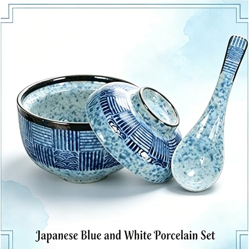 Japanese Ceramic Soup Bowls with Lid & Spoon