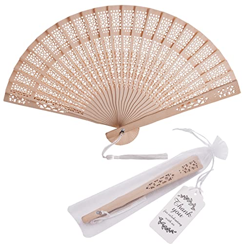 50 Sets Wooden Hand Fan Wood Handheld Folding Fans with Organza Bags and Thank You Tag and Tassels Wedding Party Favors