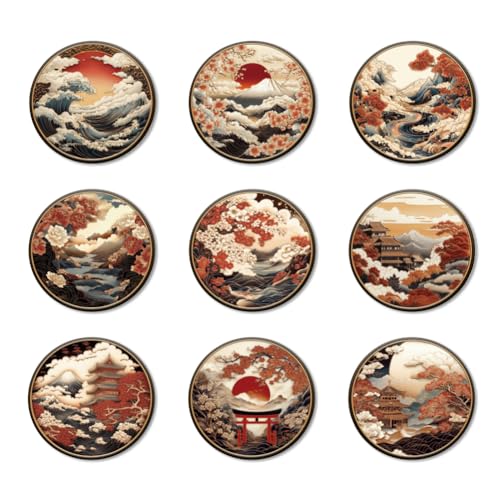 ANATTASOUL Japanese Pattern Wooden Coasters Set of 9 Bulk(3.9") - style: Japanese Pattern