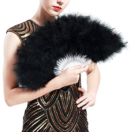 BABEYOND 1920s Marabou Feather Folding Hand Fan - color: Black