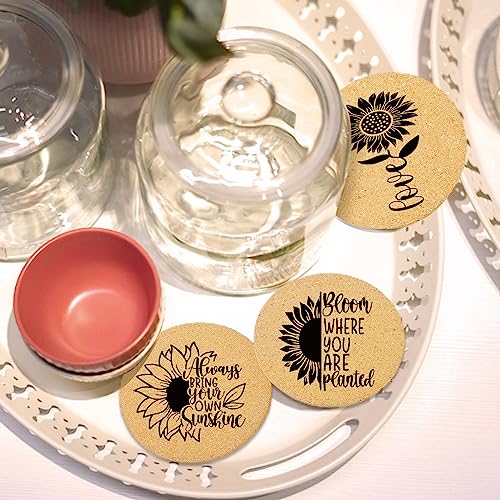 Coasters for Drinks with Holder Set of 6, Sunflower Absorbent Cork Wood Coaster for House Warming Gifts New Home Couples for Cup Desk Table Office Kitchen Decor, Round 4" - color: Sunflower