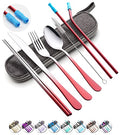 Travel Utensils Set with Case Reusable Portable Cutlery Set Stainless Steel 8pcs Including Dinner Knife Fork Spoon Chopsticks straws (Gradient Red) - color: Gradient Red