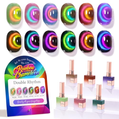 Double Rhythm Cat Eye Gel Nail Polish Set of 6 Same Color Same Bottle 0.5 Oz Shimmer Glitter with Magnet Holographic Reflective Magnetic UV Nail Polish Kit at Home (T6-119) - color: Chameleon Rainbow