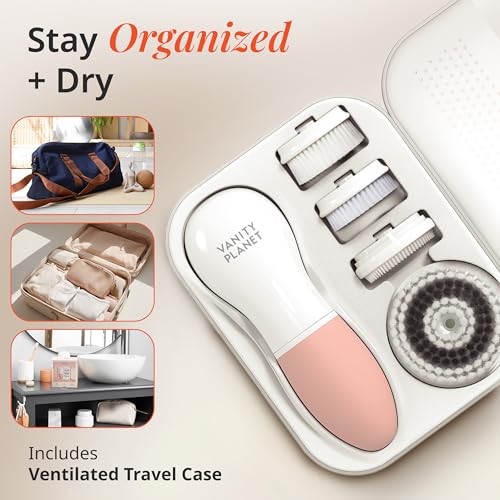 Vanity Planet Raedia Facial Cleansing Brush - Electric Facial Cleansing Brush with 4 Exfoliating Brush Heads - Waterproof, Handheld, Lightweight for Face Scrubber and Exfoliating Face - Dusty Pink - color: Dusty Pink