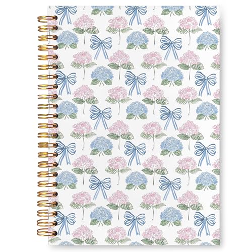 VIIJJUE Cute Bow Hydrangea Floral Notebook, AestheticJournal, Blue and Pink Flowers Notebooks for Note Taking, Blue and Pink Office Supplies, Hardcover Spiral Journal 5.5x8.3 Inch - color: B-Bow and Hydrangea