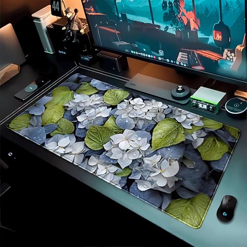 Large Desk Mat Hydrangea Floral Extended Gaming Mouse Pad, Keyboard Mouse Mat for Office & Home, Cottagecore Desk Pad XXL Computer Desktop Pad, Office Desk Accessories for Women 31.5×15.7 Inch - color: Blue and White Hydrangea
