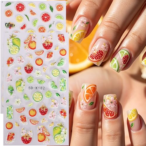 5D Embossed Fruit Nail Art Stickers 6PCS Self-Adhesive Nail Decals Orange Lemon Strawberry Cherry Watermelon Leaves Flowers Design Summer DIY Manicure Decorations Nail Accessories for Women - style: 5D Fruit Styles
