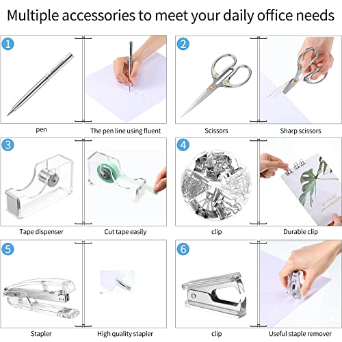 Silver Office Supplies Set Desk Accessory Kit, Acrylic Stapler Set - color: Silver