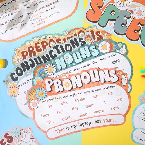Pasimy 12 Pcs Parts of Speech Posters Grammar Chart, Groovy - style: Groovy