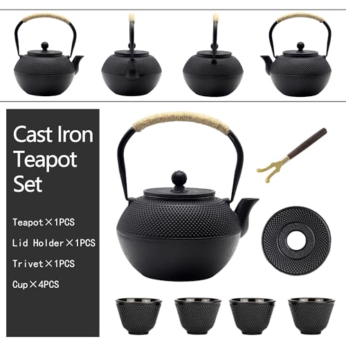 YJX 40.6oz Black Cast Iron Tea Pot Set with Teacups, Japanese Tetsubin - size: 1200 ml with Cups