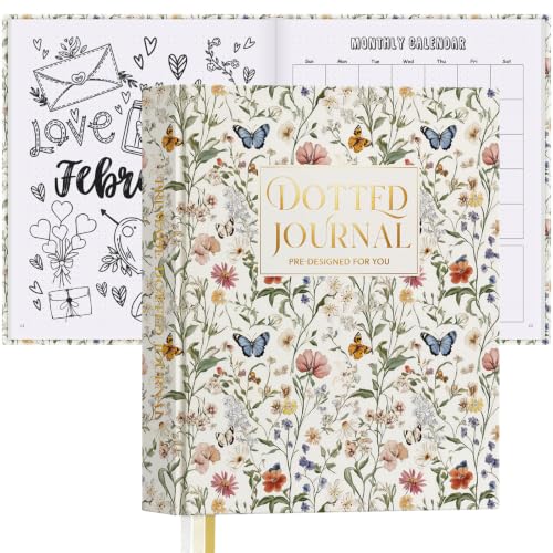 Everloria Premade Dotted Journal Notebook, 12 Months Pre-made Bullet Templates, 260 Hand-Drawn Coloring Pages, Undated Weekly & Monthly Planner, 7.8"x9.3" Leather Dot Grid Habit Mood Tracker - color: Floral A