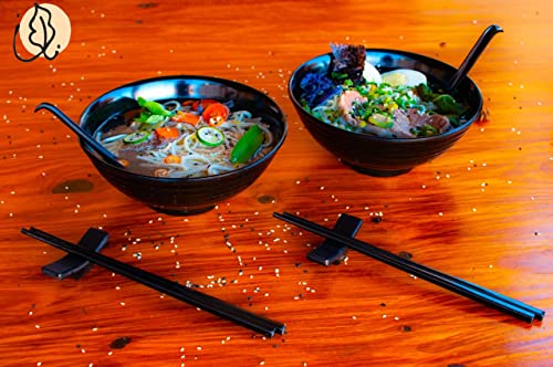 4 Ramen Bowls, 12 pieces Pho set. All Black Asian Japanese soup. Utensil: Spoons And Chopsticks kit. Melamine. Large 37 oz. Noodles, Rice, Udon, Thai, Chinese, Korean, Wonton, Miso - color: All Black x4