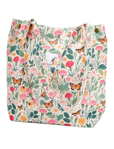 Corduroy Tote Bag Cute Tote Bags for Women Shoulder Bag with Inner Pocket for Work Beach Travel and Shopping Grocery - style: Butterfly Flower