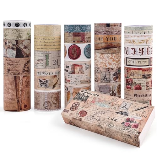 34 Rolls Vintage Washi Tape Set,Letter Map Stamp Stripe Literature Art Writable Aesthetic Washy Decorative Tapes for Scrapbooking, Junk Journal Supplies, Bullet Journaling 5-50mm Wide (3m Long)/Roll - style: Manuscript Style 2