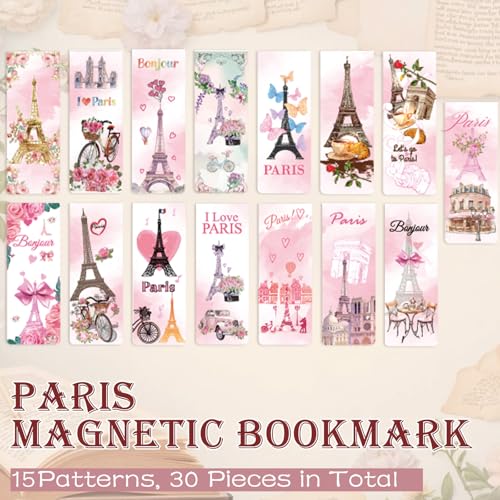 30 Pcs Paris Magnetic Bookmarks Cute Pink Tower Flower Magnetic Book Mark Bulk for Women Reading Lovers Library Supplies Gifts