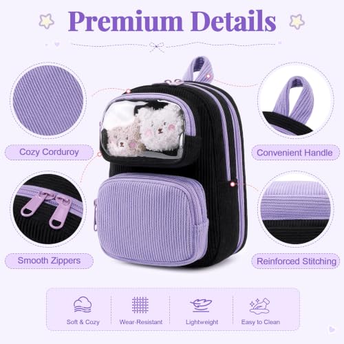 Cute Pencil Case, Soft Corduroy Pencil Pouch, Large Capacity Pencil Bag, Mini Backpack Aesthetic Pen Organizer for Stationery for Students Teen Girls Women, Black Match Purple - color: Black & Purple