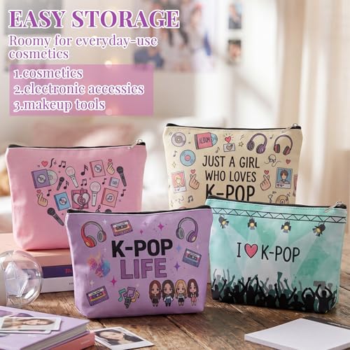 Kacctyen 4 Pack K-pop Makeup Bags Canvas Zipper Pouches Concert Gifts