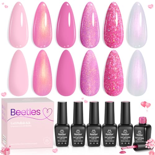 Beetles Pink Gel Nail Polish Set, 6 Colors Pink Reverie Shimmer Pearl Glitter Gel Polish, Soak Off Uv LED Nail Lamp DIY Manicure Gift for Women - color: A-Mixed Finishes | Pink Reverie