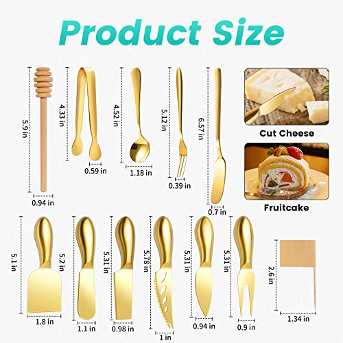 LifeMusican Gold Cheese Knife Set For Charcuterie Board Accessories, Stainless Steel Cheese Slicer And Butter Spreader knives Kit With Serving Tongs, Spoons, Forks, Flags Cheese Markers, Honey Dipper - color: Gold
