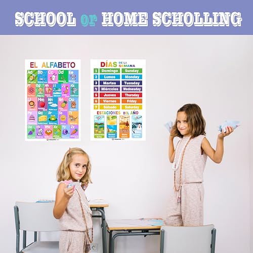 20 Spanish English Bilingual Educational Posters Water Proof Learning Chart for Preschool, Kindergarten, Classroom Decoration, Alpabet, Alfabeto, Numbers...( Flat Packaging 11"x16" )