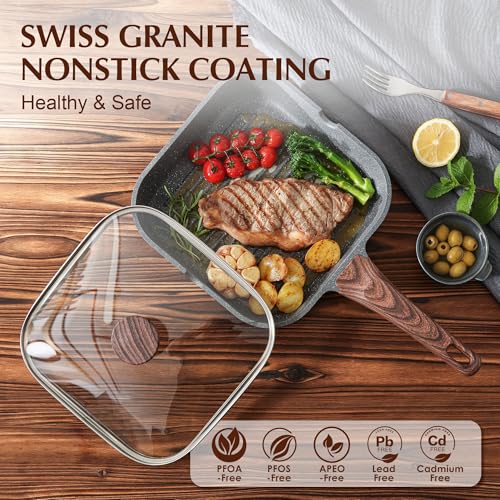 SENSARTE Nonstick Grill Pan with Lid, Grill Pan for Stove Tops, Versatile Griddle Pan with Pour Spouts, Square Grill Pan for Big Cooking Surface, Grill Skillet for Indoor Outdoor Grilling. PFOA Free - color: Gray Granite, size: 11 Inch