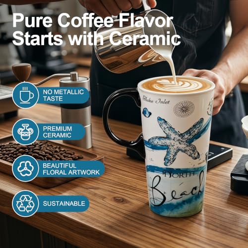 Topadorn 17oz Ceramic Travel Coffee Mug with Lid, Microwave Safe Tea Cup - color: North Beach