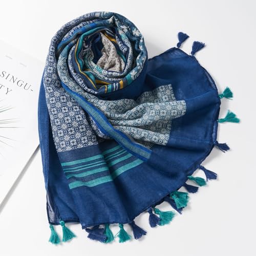 QIUTIMIY Scarf for Women Lightweight Soft Floral Leopard Printed Scarves Fall Winter Fashion Shawl Wrap with Fringe - color: Flower-blue Green