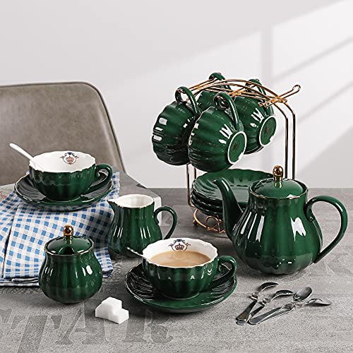 Sweejar Home Porcelain Tea Sets British Royal Series, 8 OZ Cups& Saucer Service for 6, with Teapot Sugar Bowl Cream Pitcher Teaspoons and Tea Strainer, Suitable for High Tea, Wedding, Party (Jade) - color: Dark Green