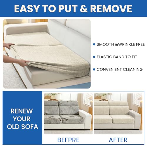 Stretch Sofa Cushion Covers (2 Seaters + 1 Chaise, Beige) - color: Beige, size: 1 Chaise + 2 Seater Cover