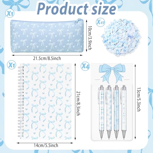 Sayglossy Blue Bow Set Pen Spiral Notebook Journal Pencil Case Sticker - color: Blue