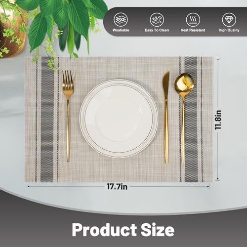 Placemats Set of 6，Non-Slip PVC Weave Table Mats Easy to Clean，Heat Resistant Place Mats for Kitchen Dining Table Decoration Indoor Outdoor，Khaki Gray - color: Khaki Gray