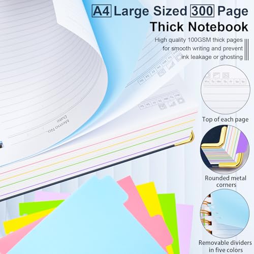 Hardcover Spiral Notebook 8.5"x11" Journal Notebook with Tabs and Removable Dividers 300 Pages 5 Subject Notebook College Ruled, Faux Leather Spiral Bound Notebook for Women School Work(Dark Blue) - color: Dark Blue, size: 8.5"x11"(A4)