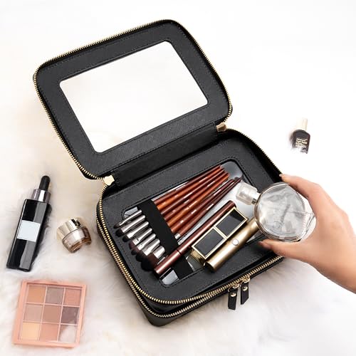 Aveniee Clear Makeup Bags,Double Layer Cosmetic Bags with Separate Brush Compartment,Large Travel Toiletry Bag Cosmetic Case,Travel Accessories Organizer for Women,2 Layers,Black - color: Black, style: Dual Layer