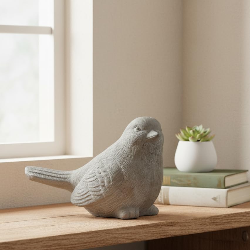 Sitting Bird Cement Figurine, Gray Concrete-Style Finish, 7.5 Inch - size: 4"L x 7.5"W x 5"H