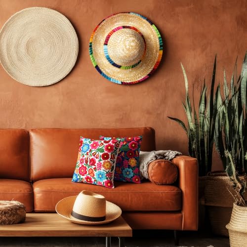 HunnmingRe 2 Pcs Mexican Boho Throw Pillow Covers 18 x 18 Inch Embroidery Colorful Floral Throw Pillows Ethnic Decorative Fiesta Cushion Covers for Bed Couch Sofa Home Decor(White,Blue) - color: White,blue